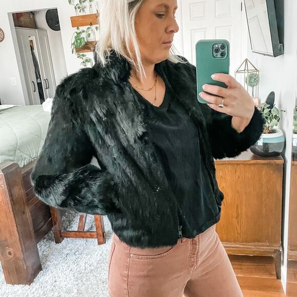 Niki | Vintage Black 100% Rabbit Fur Bomber Jacket Full Zip With Mock Neck Coat - Picture 1 of 11
